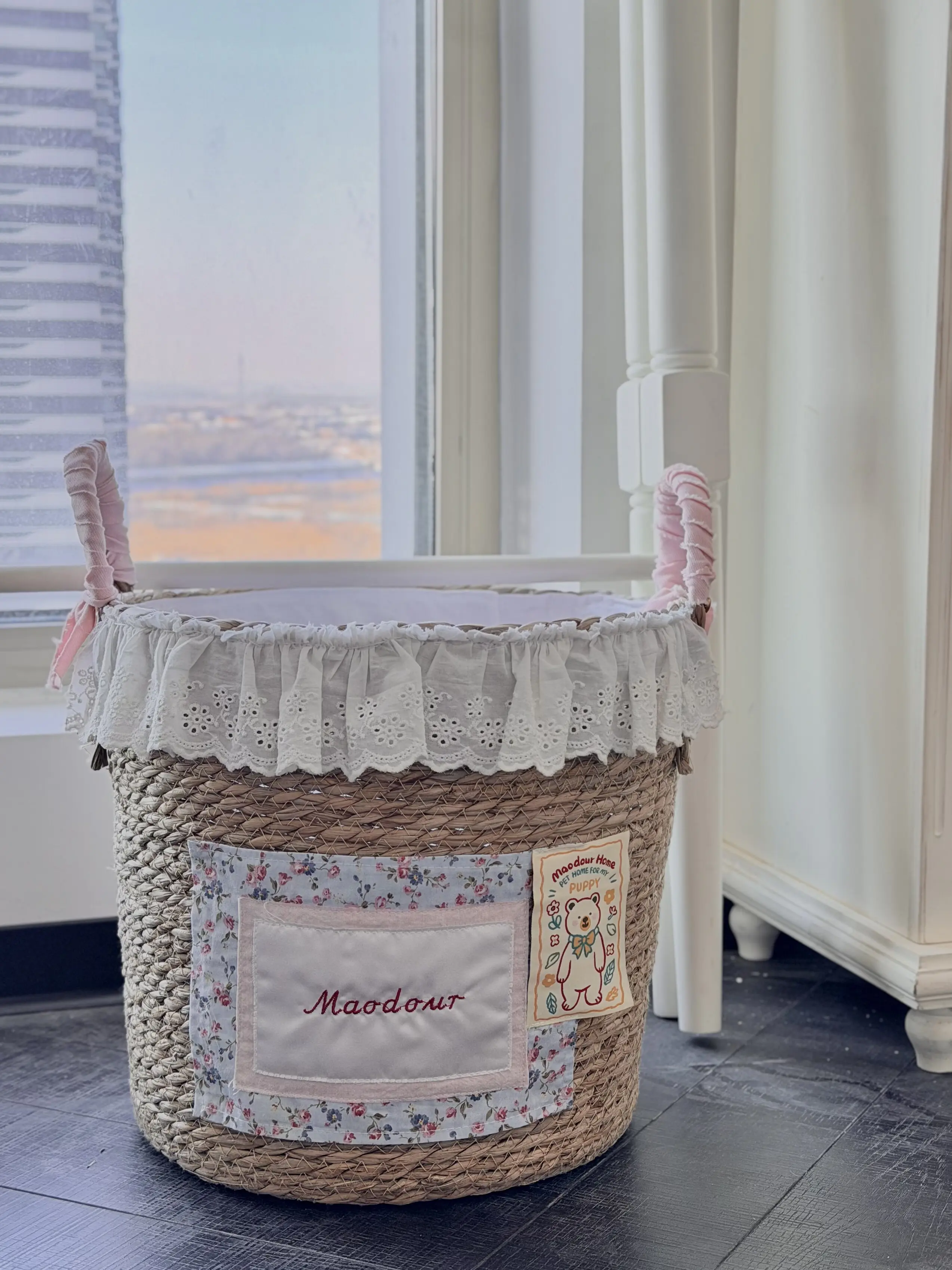 wooden storage basket for pet toys in a customer's home - Bear Pet Storage Basket